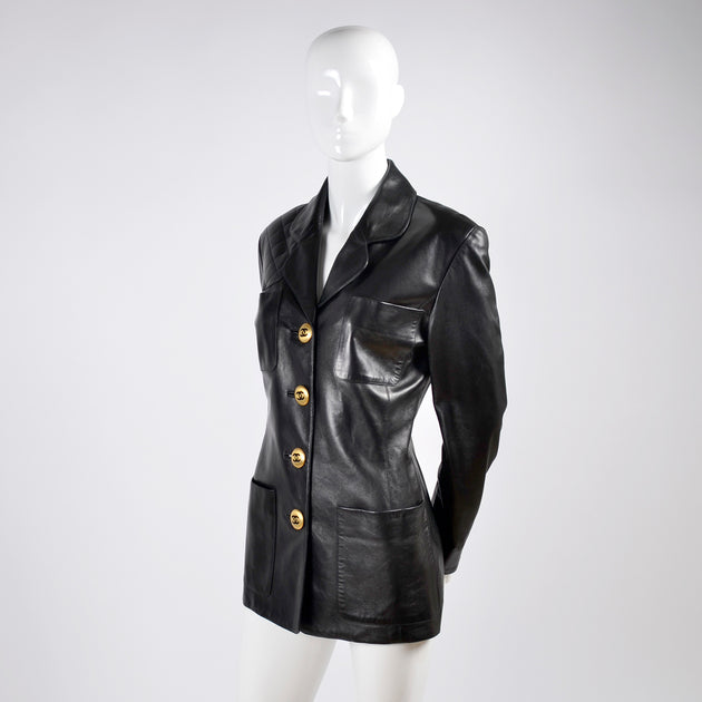 1990's Chanel Vintage Black Leather Jacket w/ Quilted Shoulder 38 6/8 ...