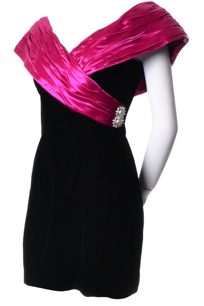 80s Black Velvet Pink Satin Vintage Cocktail Dress Rhinestone Buttons ...