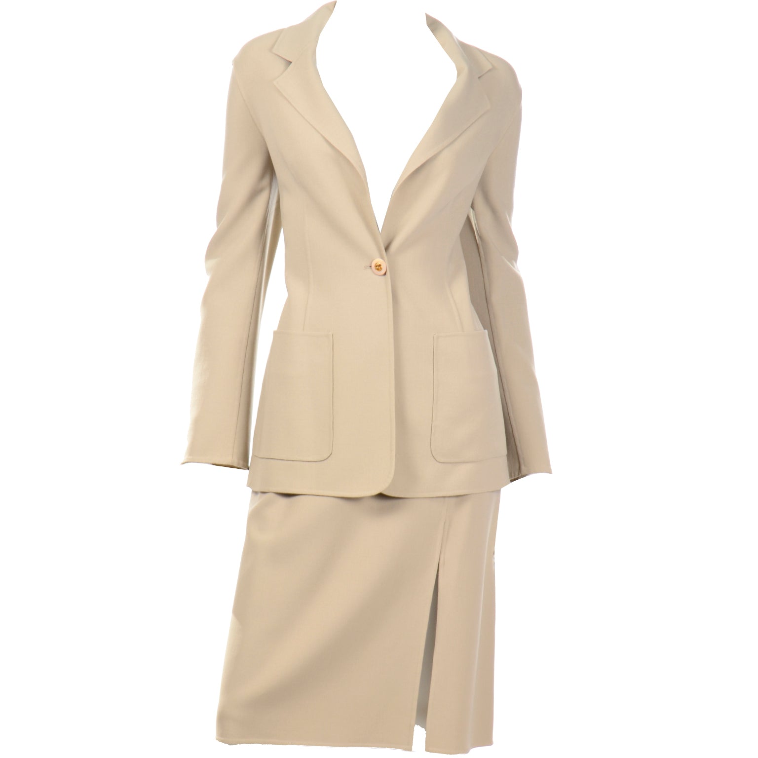 2000s Celine Sand Beige Wool Blend Skirt & Jacket Suit – Modig