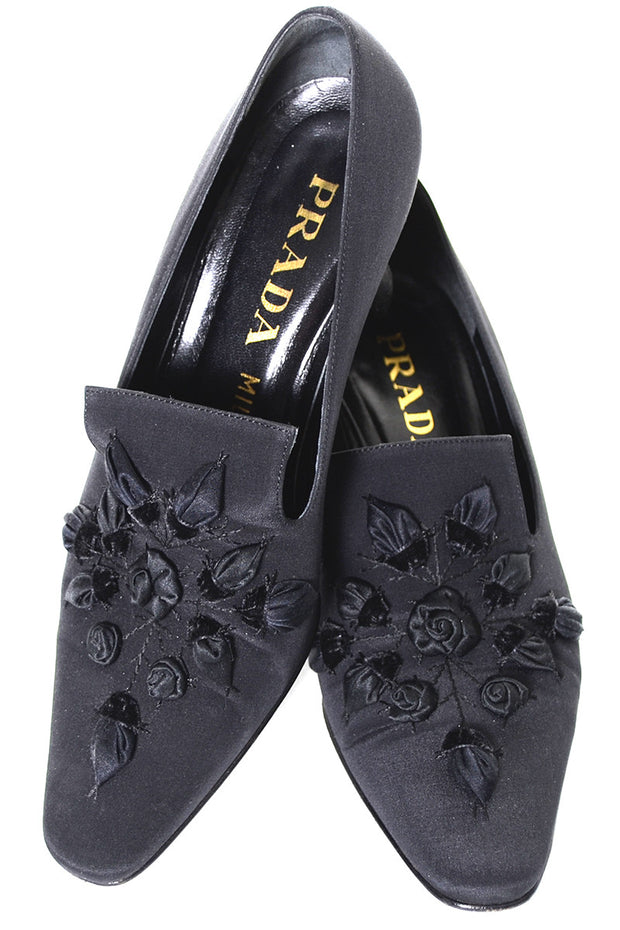 Vintage Prada Shoes Black Calzature Donna in Tessuto Roses Size 37.5 US