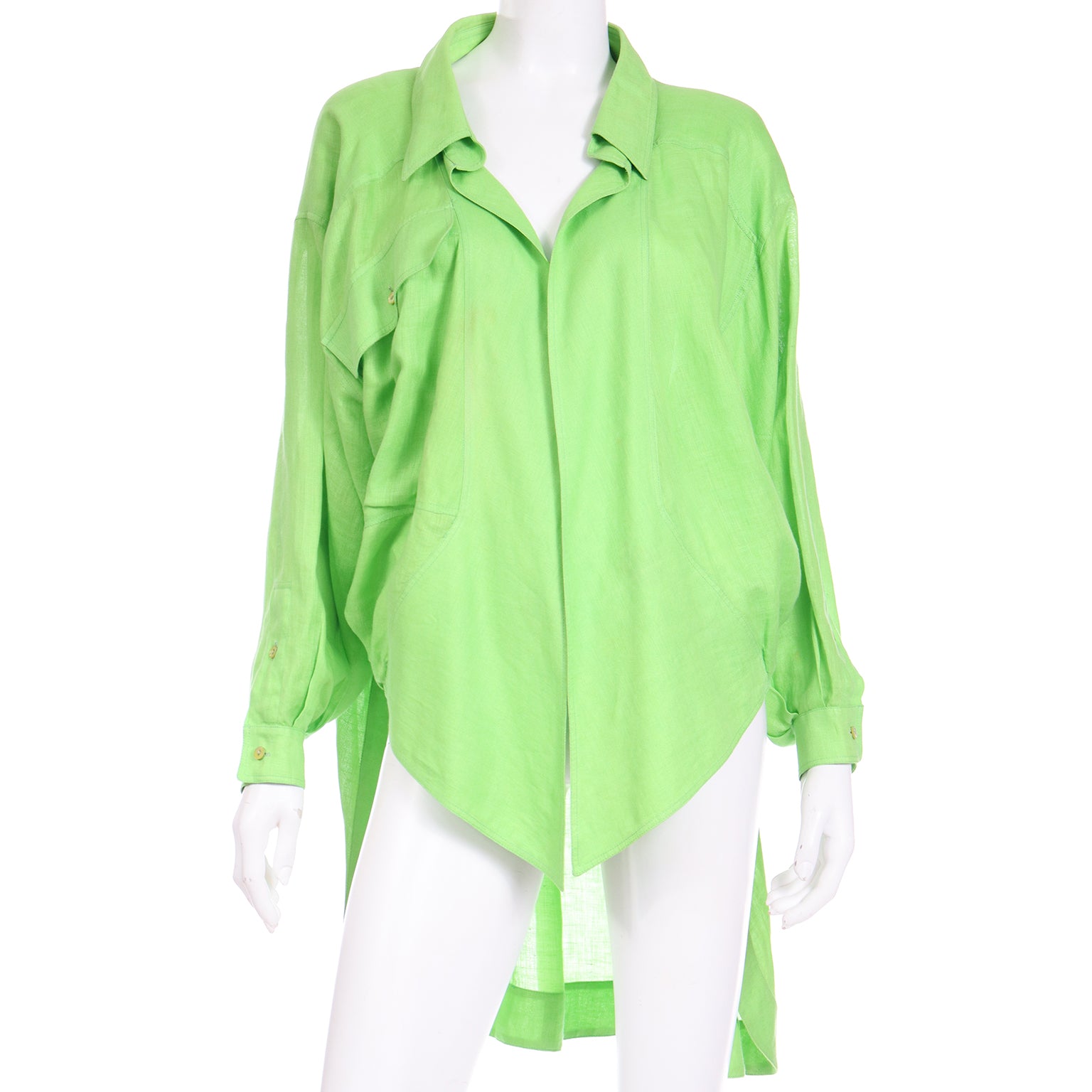 1980s Claude Montana Vintage Lime Green Linen Open Front Blouse