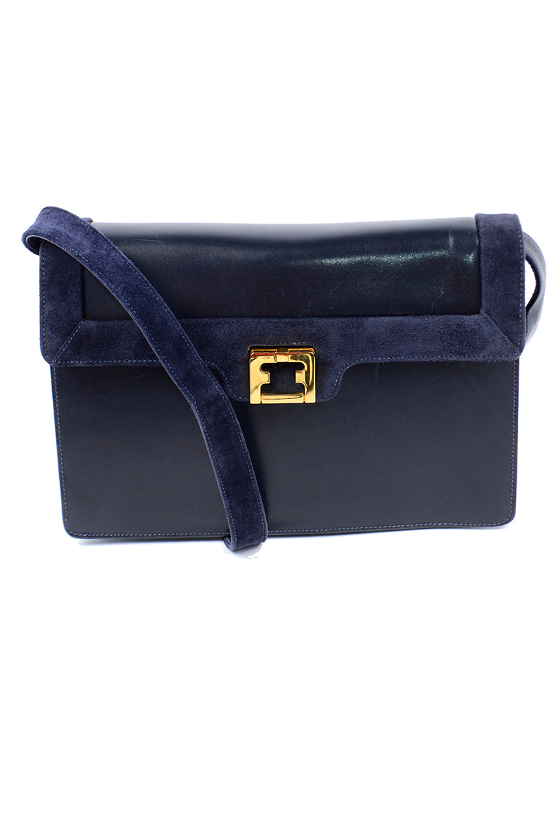 Salvatore Ferragamo Shoulder Bag in Navy Blue Leather & Suede – Modig