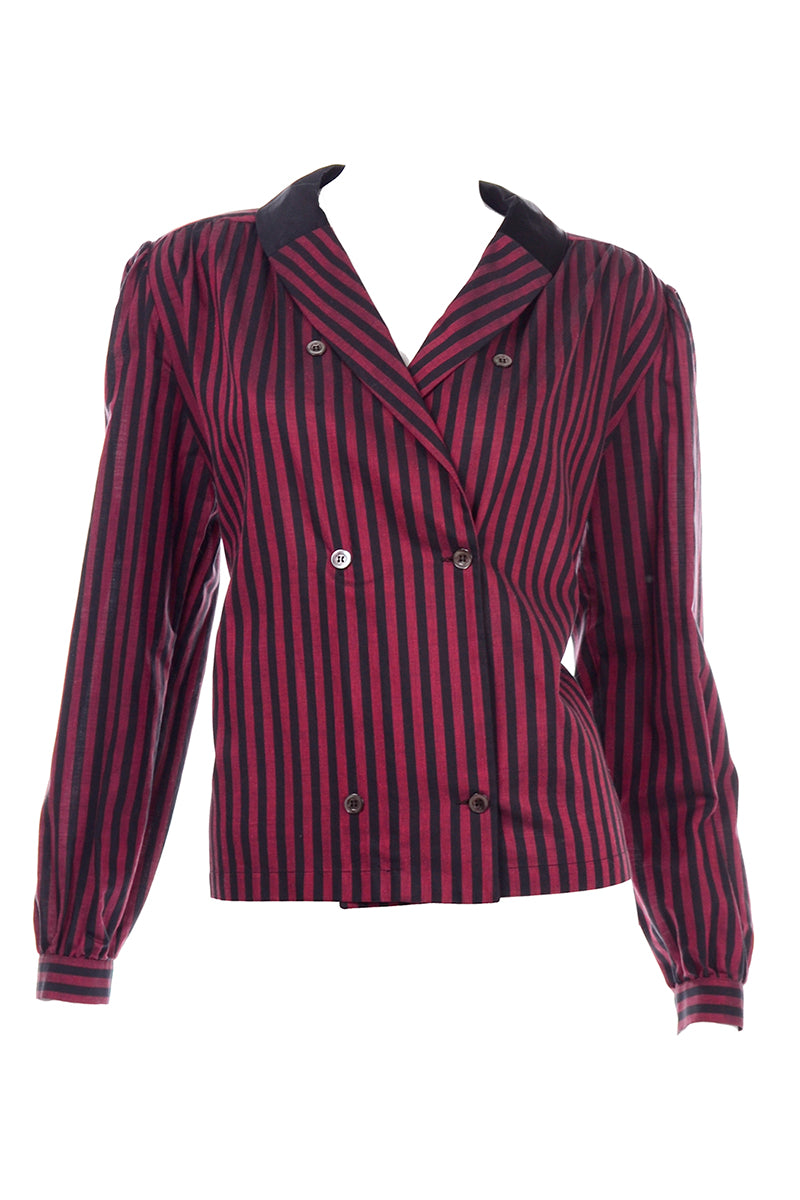 Boxy Valentino Vintage Red & Black Striped Cotton Long Sleeve Blouse Modig