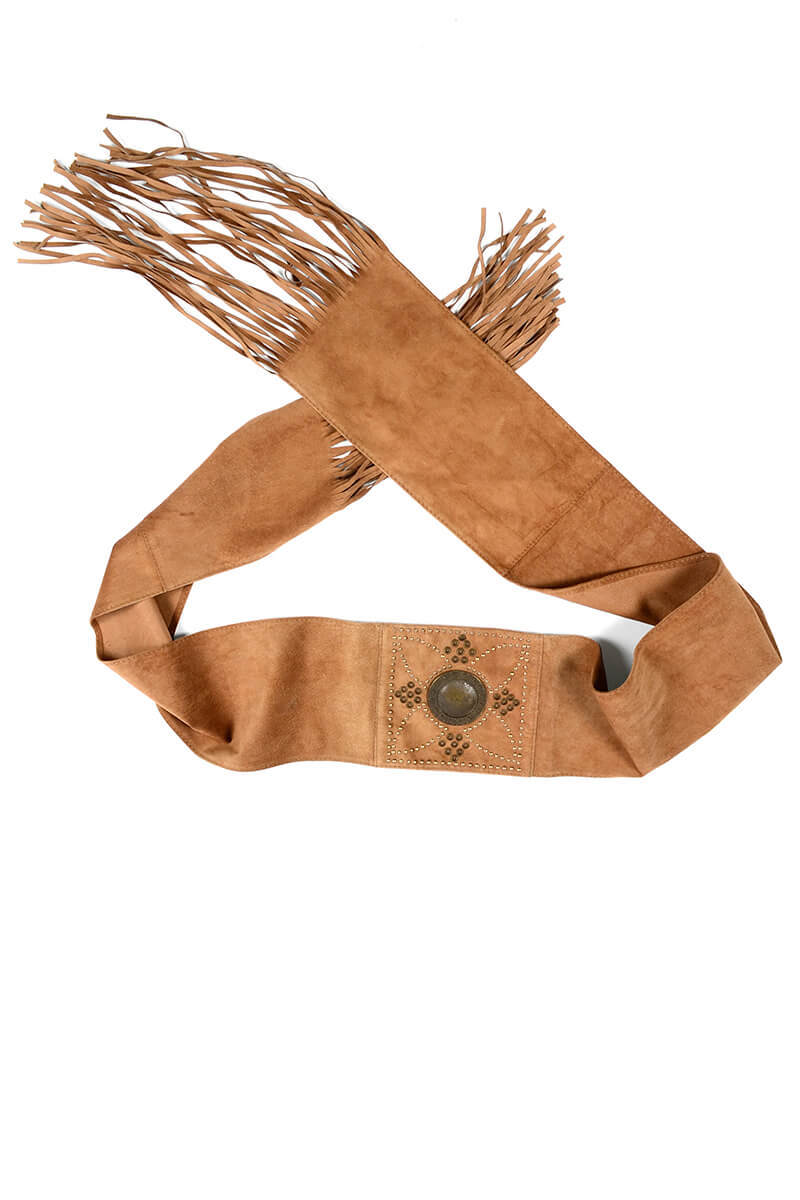 (N)INE Italian Suede Leather Waist Belt w/ Metal Stud & Long Fringe