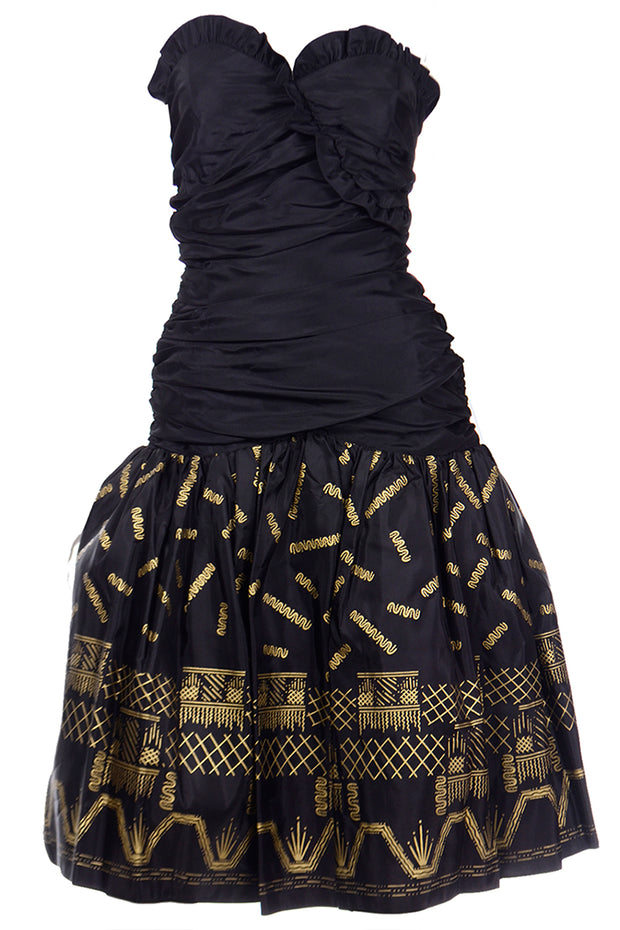 1980s Zandra Rhodes Black Strapless Evening Dress w Gold Stencil Design
