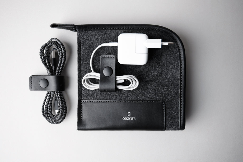 Cocones | Tangle Down, leather cord/cable organiser clip.
