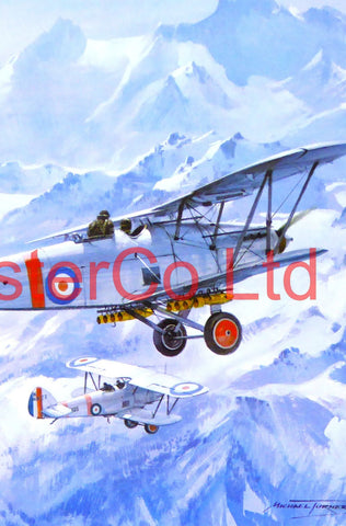 RAF bi-Plane flying over mountains