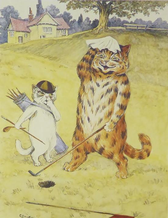 Cat playing golf with caddie holding golf bag Louis Wain