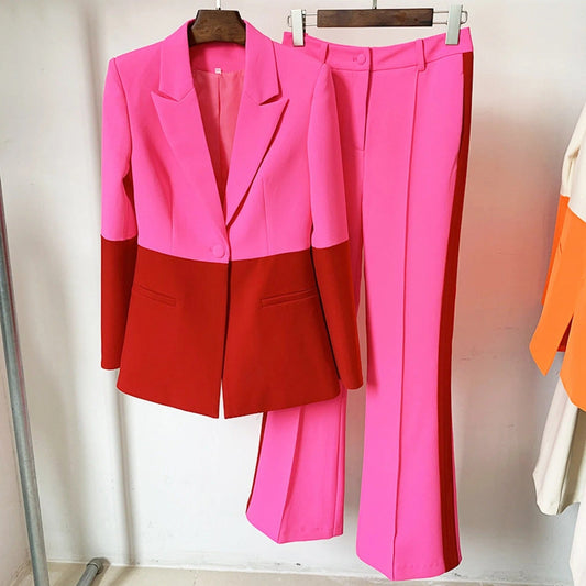 Women Hot Pink Fitted Blazer + Flare Trousers Pants Suit