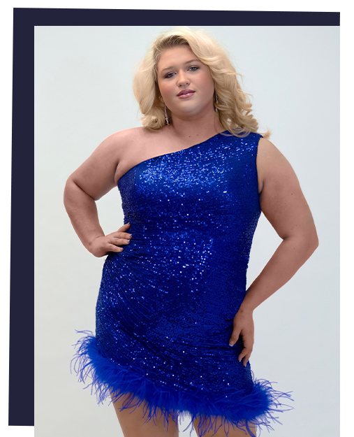 Johnathan Kayne for Sydney's Closet Plus Size short party homecoming dress 2023 in sequins and feathers