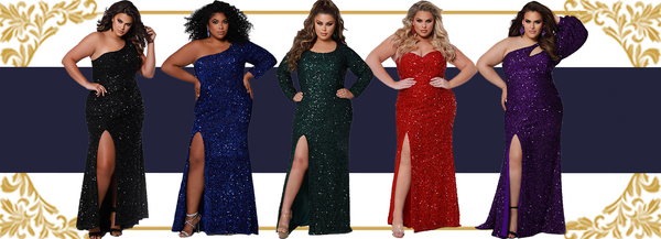 Plus Size Sequins Mardi Gras gowns with slits and sleeves by Sydney's Closet