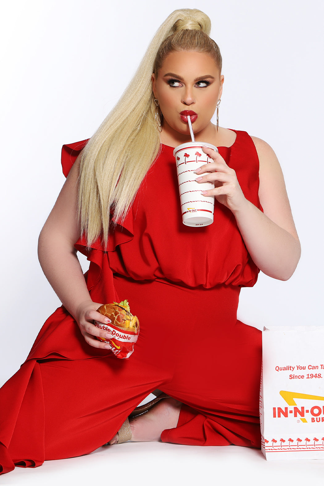 Celebrations by Sydney's Closet Plus Size jumpsuit 2021 Collection modeled by Chel @musicbychel style CE2014 with In-N-Out Burger