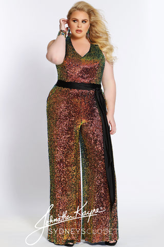 Prom 2021 plus size jumpsuit johnathan kayne for sydney's closet JK2110 in lava multi color with black belt