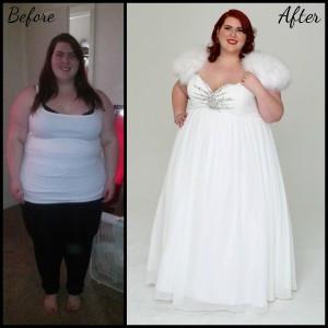 Before and after makeover pictures of plus size bride modeling Sydney's Closet Wedding Dress.