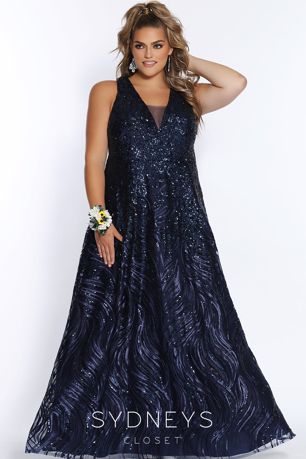 SC7306 navy sequins prom dress with half up half down hairstyle