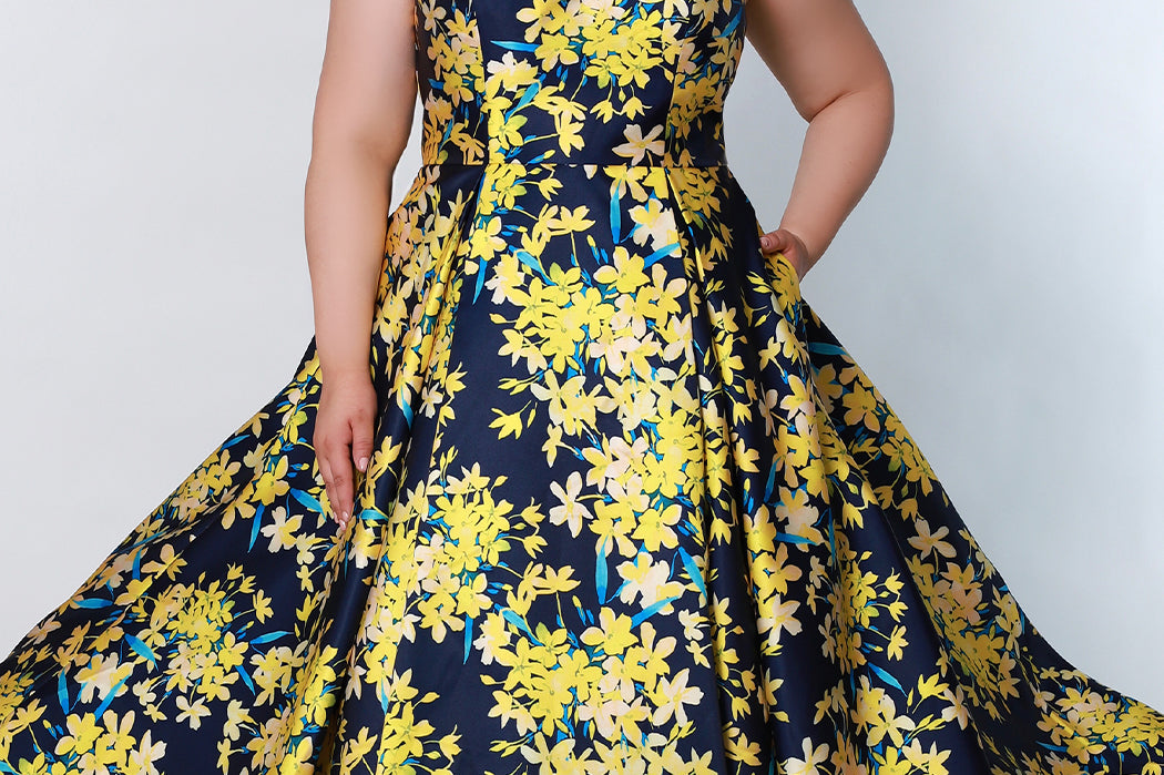Sydney's Closet SC7351 Chiffon Floral Lace Double Straps Deep V-Neck A-Line  With Slit Plus Size Prom Dress