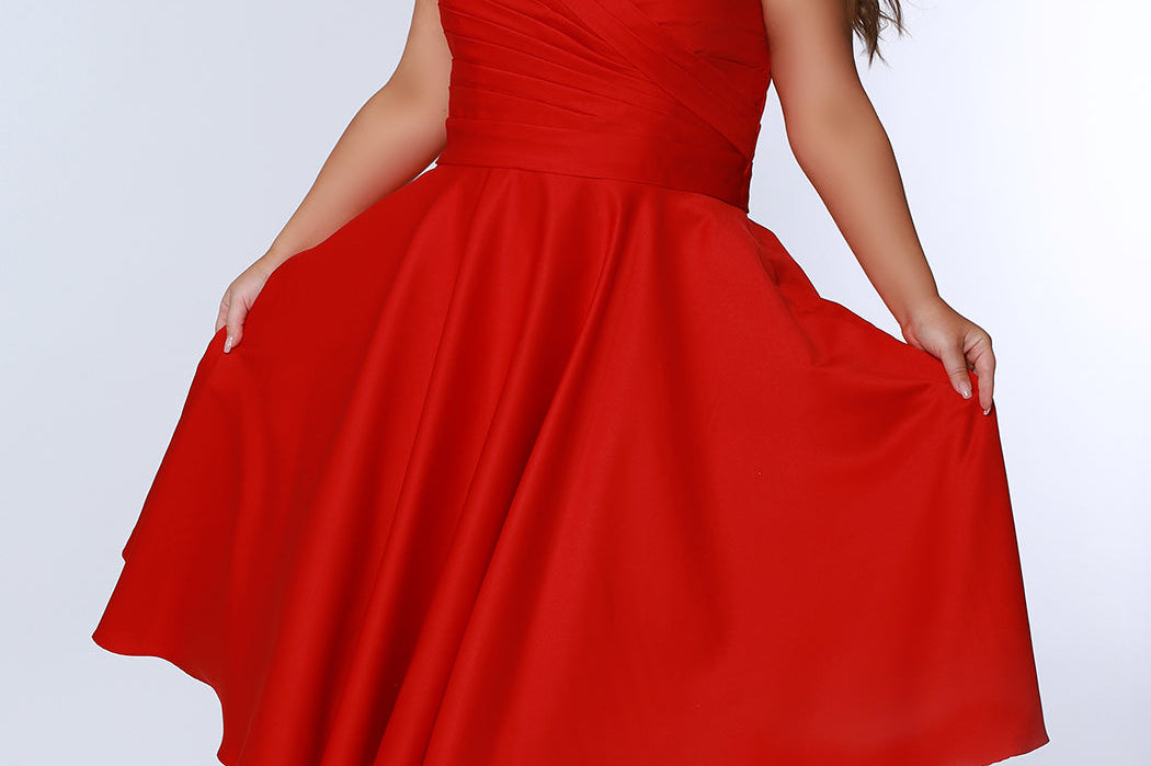 Simply Divine Tea-Length Satin Plus Size Party Dress with Pockets