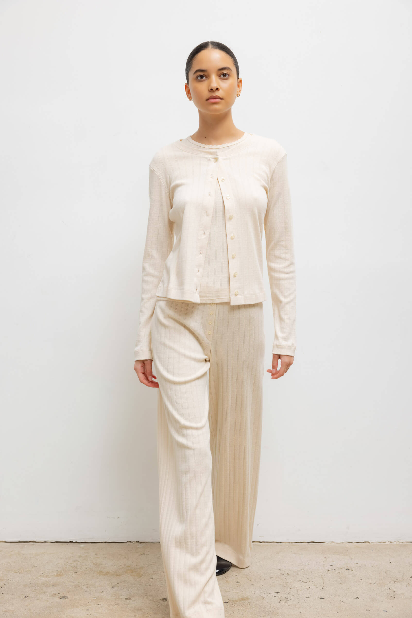 Leset Barb Satin Crew Cardigan In Creme In Creme
