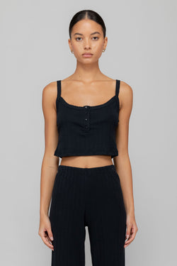 Pointelle Crop Button Scoop Neck Tank - Black – Carbon38