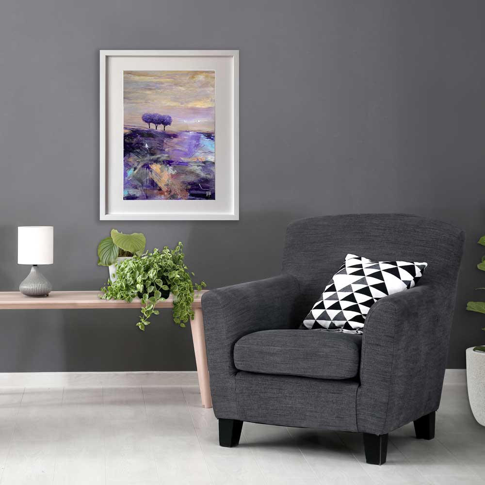 Purple treescape landscape painting hanging in living room - Jayne Leighton Herd Art