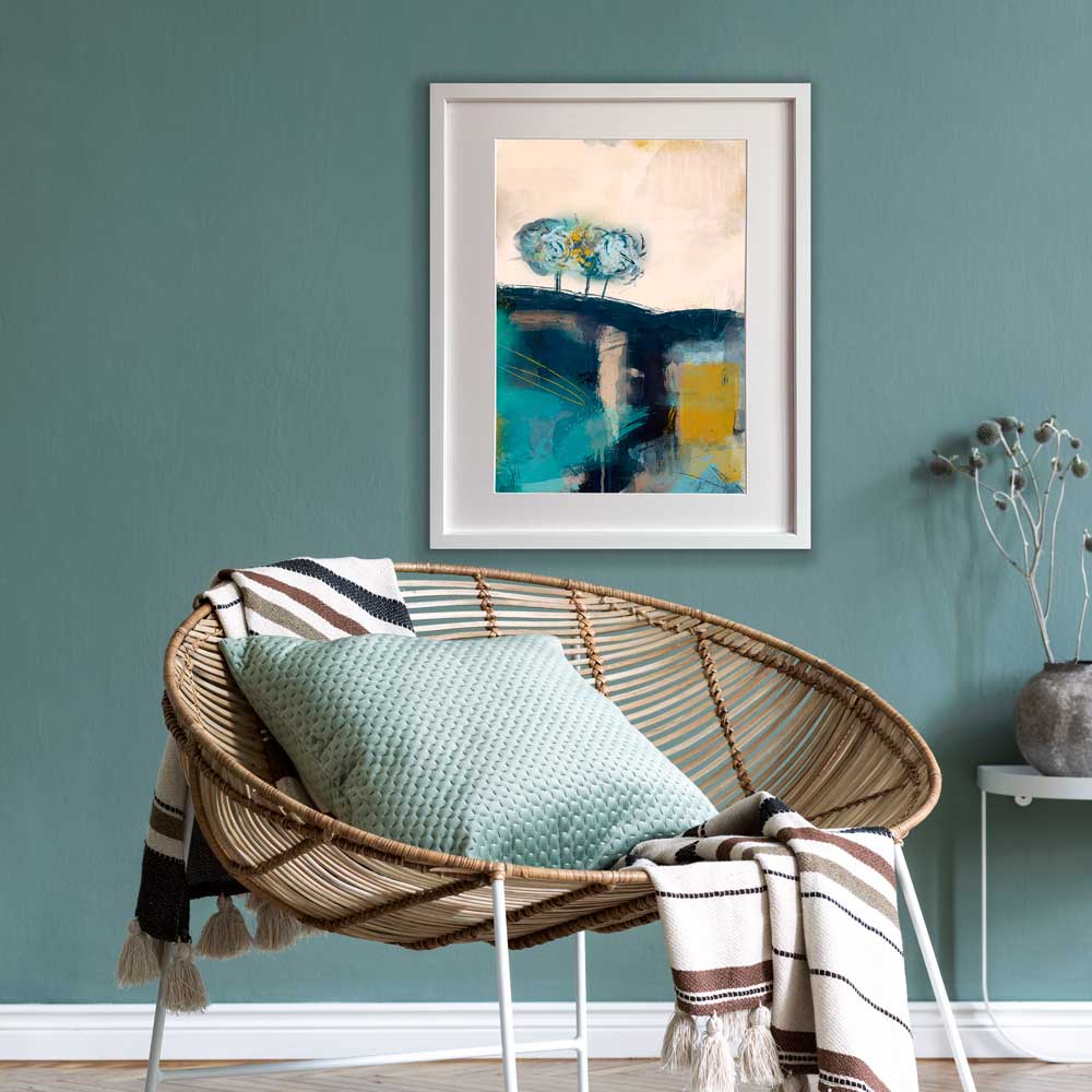 Stunning green verdigris landscape tree art in a green living space - Jayne Leighton Herd fine art