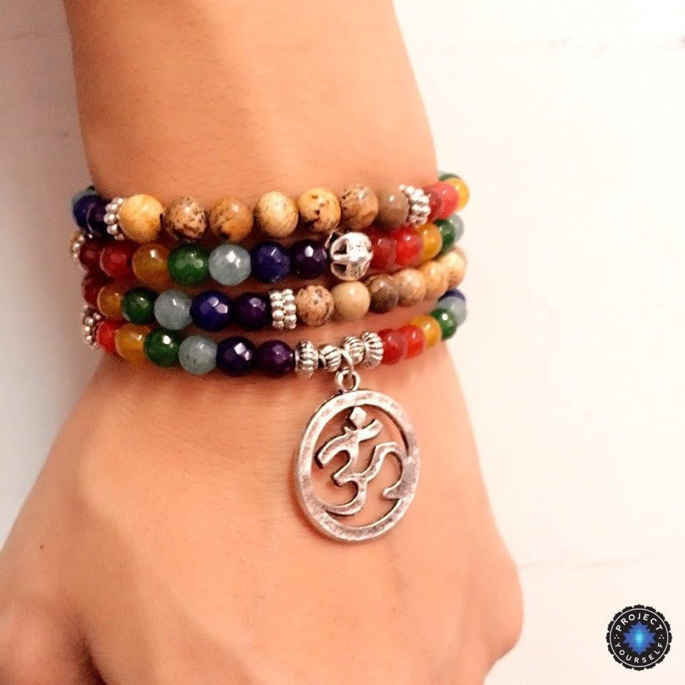 7 Chakra 108 Mala Natural Stone Beads Om Charm Bracelet - Project Yourself