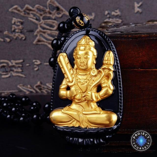 Gold+Natural Black Obsidian Eight Patron Saint Buddha Pendant Necklace ...