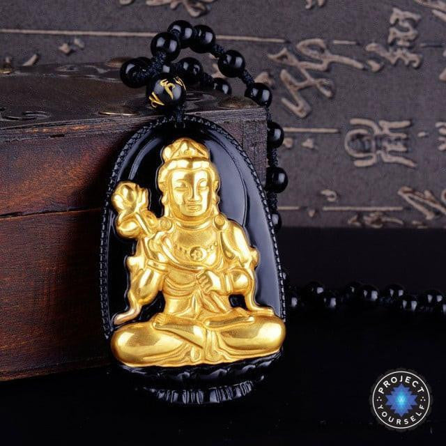 Gold+Natural Black Obsidian Eight Patron Saint Buddha Pendant Necklace ...