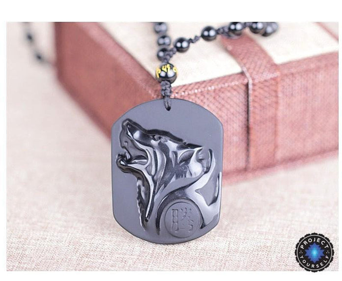 Obsidian Wolf Head Pendant Necklace 