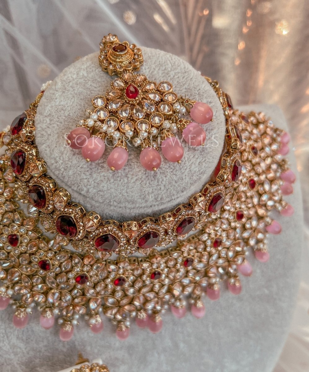Aafiya Bridal Double necklace set - Maroon/Pink – SOKORA JEWELS