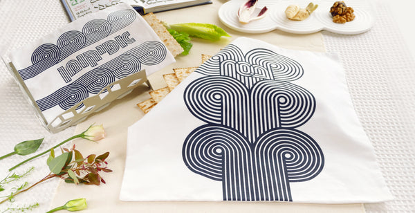 Modern Seder night table design, with dark blue on white - screen printed set of Matzah cover and Afikomenn bag.