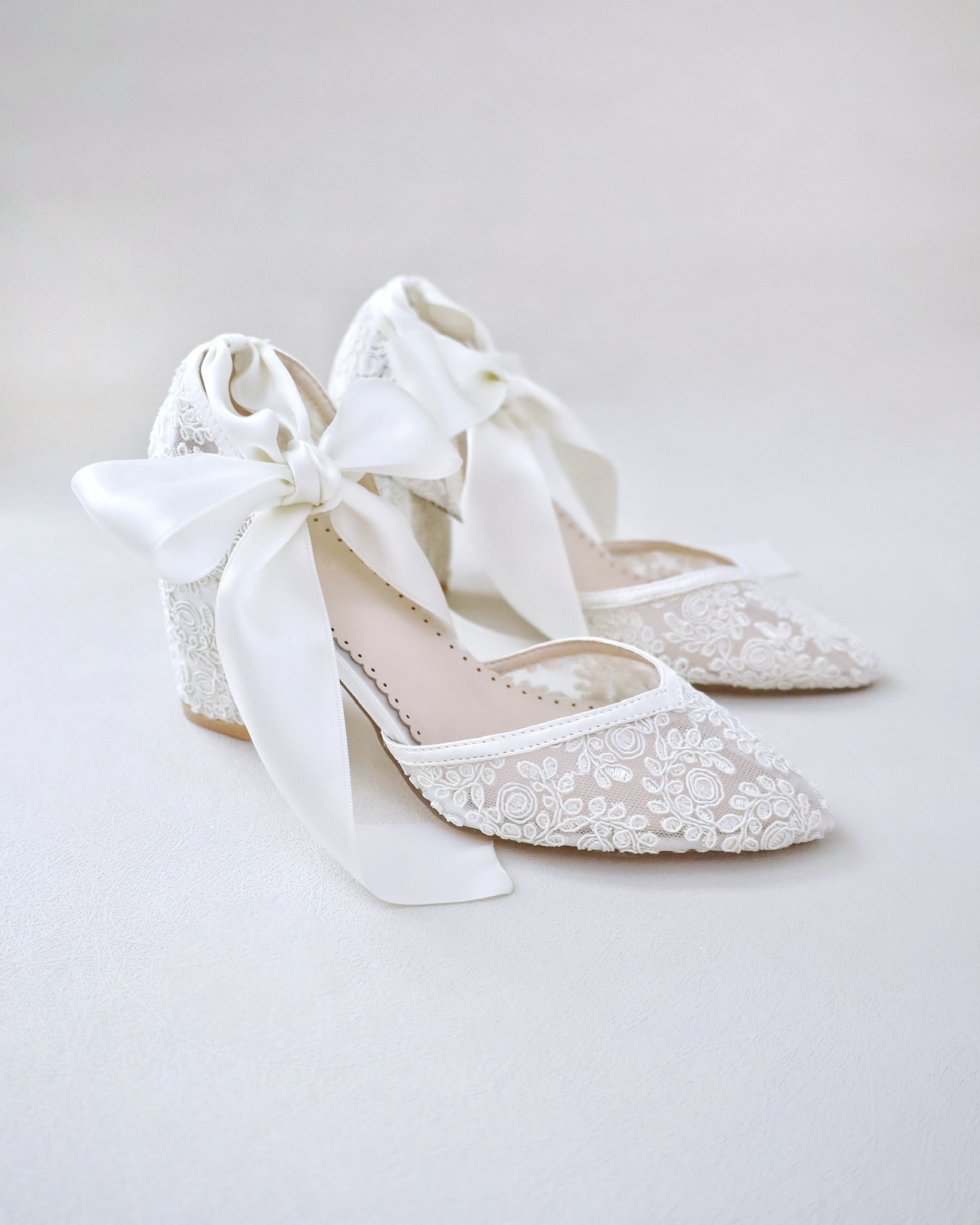 Lace Block Heel Ankle Tie Bridal Shoes