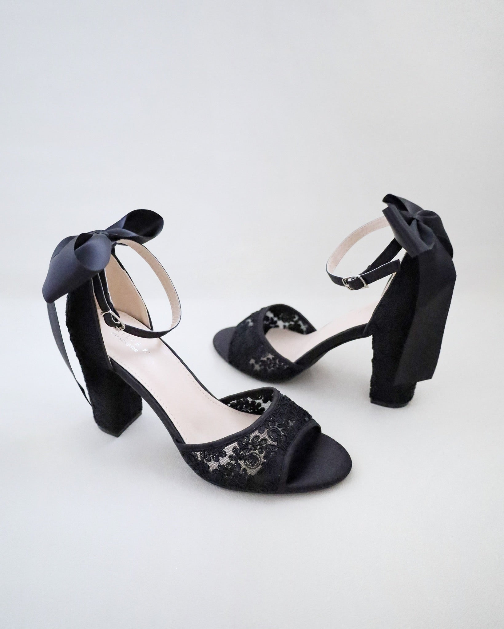 Black Crochet Lace Block Heel Evening Sandals with Satin Back Bow