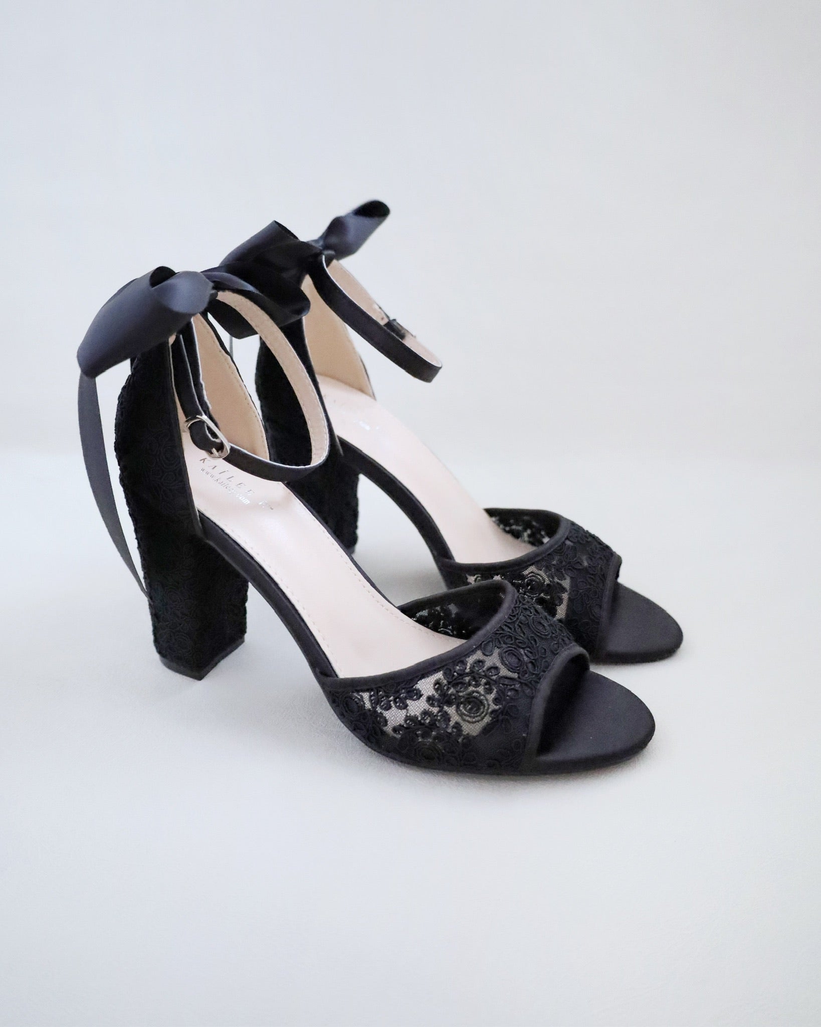 Black Crochet Lace Block Heel Evening Sandals with Satin Back Bow