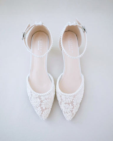 BELLA White Lace Wedding Shoes Low Heel with Tulle Bow