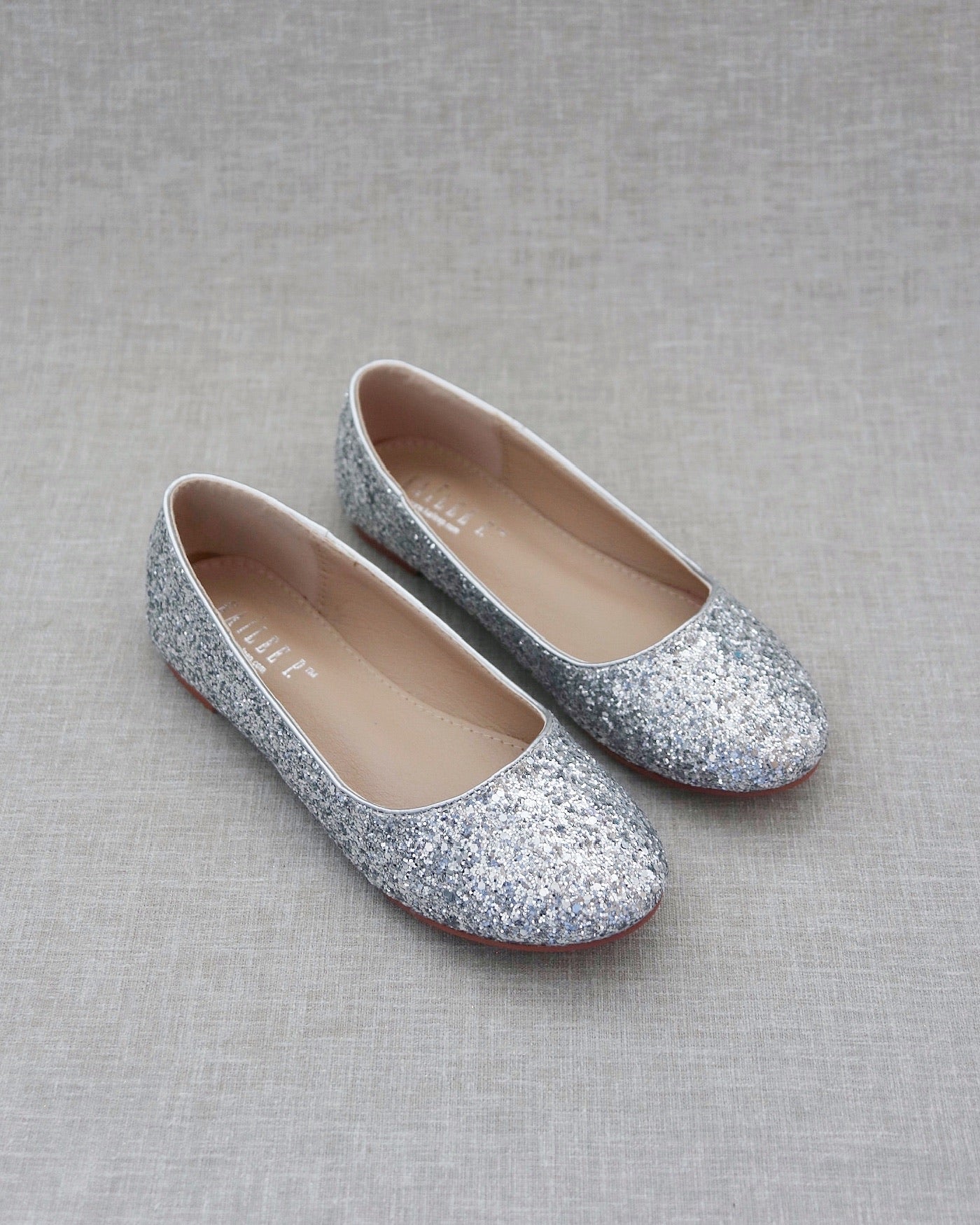 Silver Glitter Round Toe Evening Flats, Wedding Shoes, Holiday Shoes