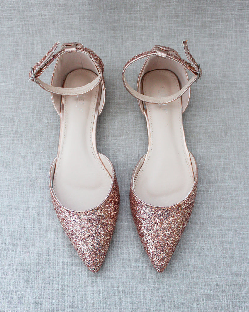 Rose Gold Rock Glitter Ankle Strap Flats - Women Shoes, Bridal shoes,  Bridesmaid shoes