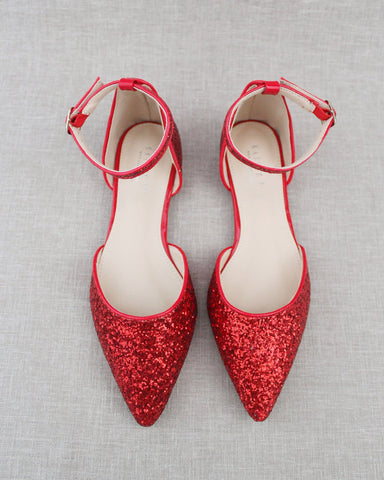 Red Pointy Toe Glitter Flats, Evening Shoes, Bridesmaids Shoes 8.5