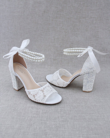 White Wedding Block Heels with Silk Lace | Greek Chic Handmades