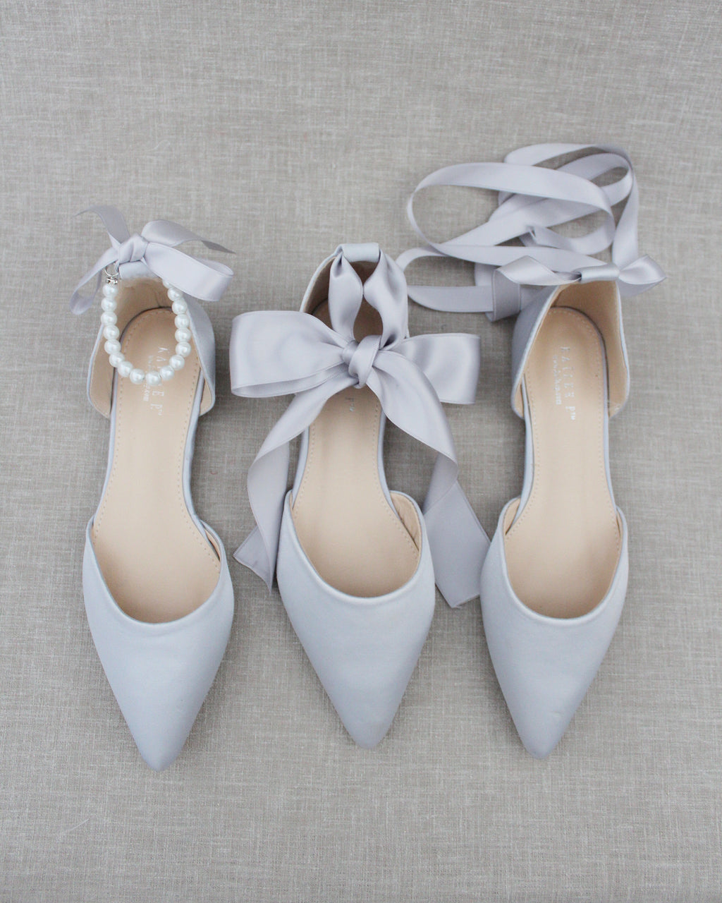 Silver Satin Pointy Toe Flats with Satin Ankle Tie or Ballerina Lace Up ...
