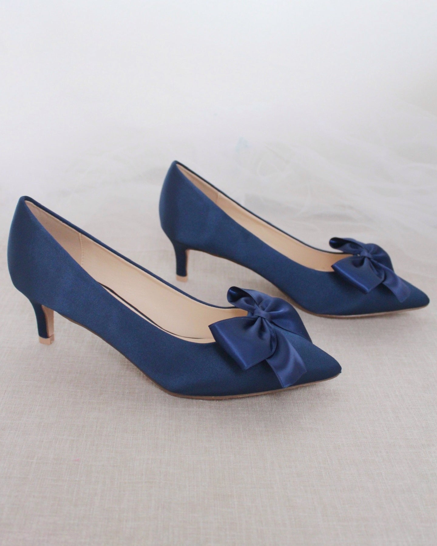 NAVY Satin Pointy Toe Low Heel with SATIN BOW – Kailee P. Inc.