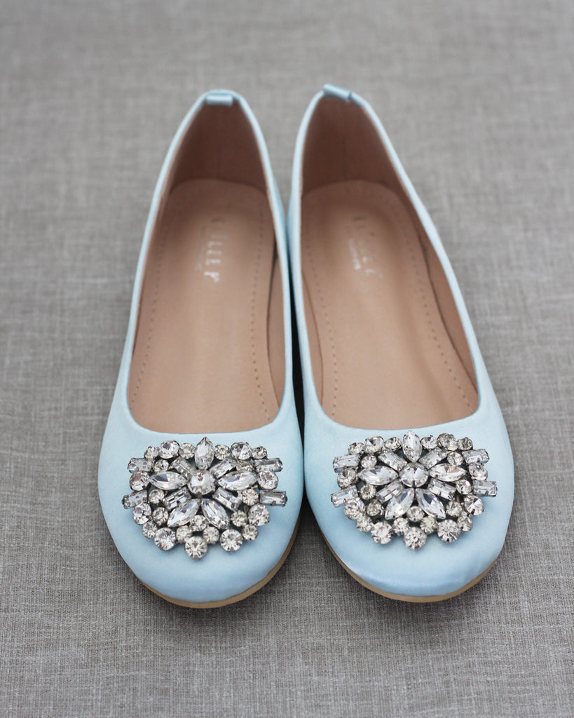 Light Blue Satin Wedding Flats, Women 