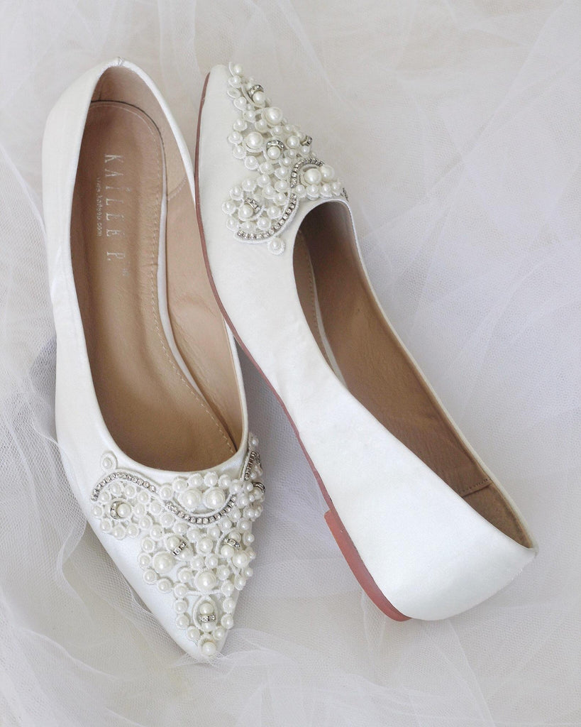 White Satin Pointy Toe Flats with Pearls Applique, Bride Shoes – Kailee ...