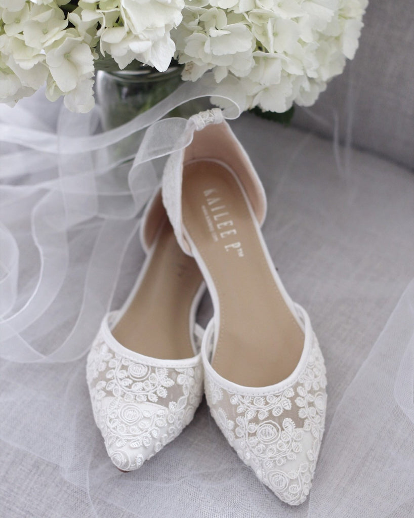 White Pointy Toe Flats with Chiffon 