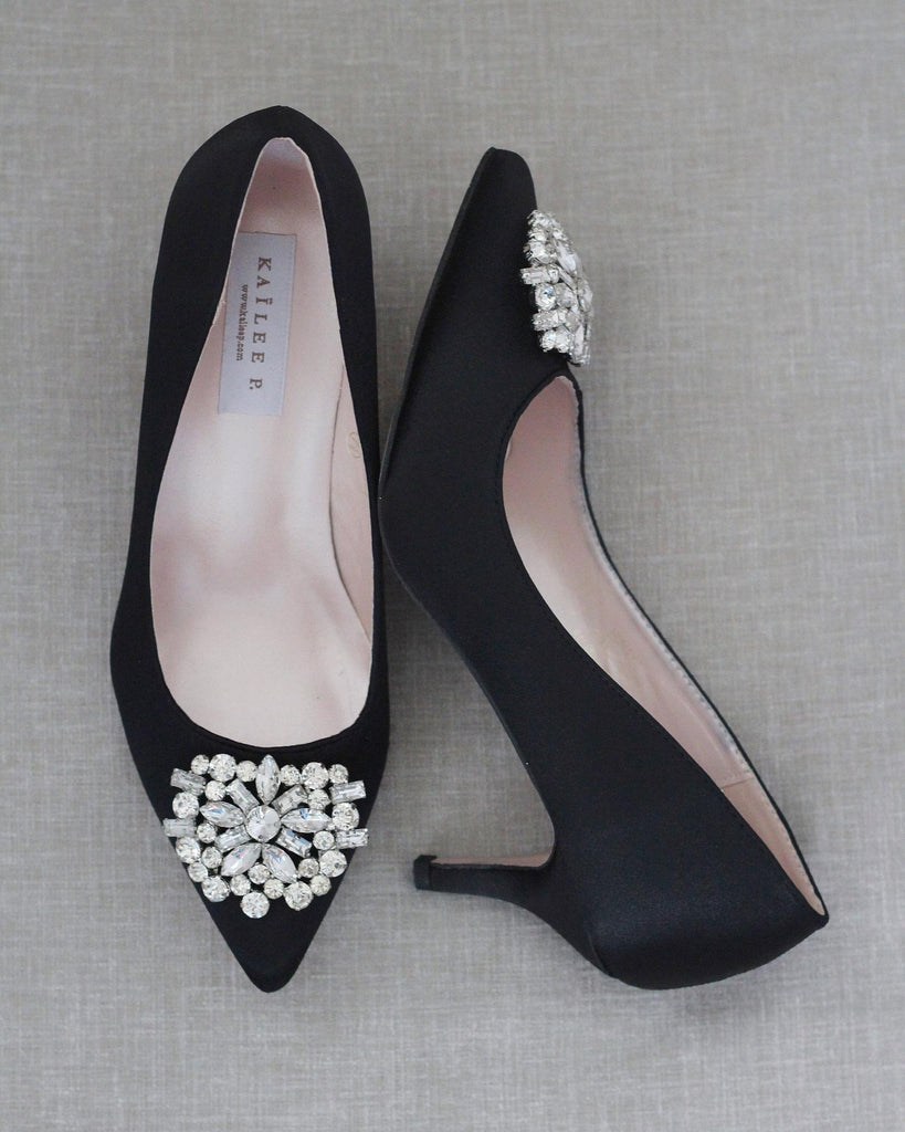 black satin heels with rhinestones