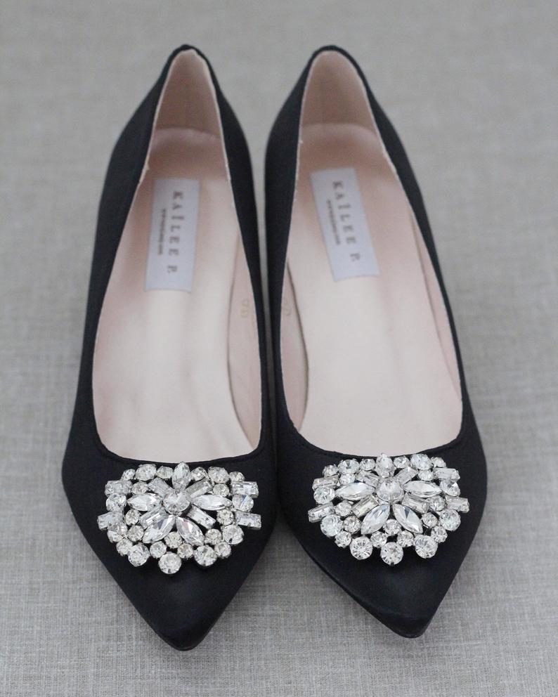 Black Satin Kitten Heel with Rhinestones Brooch, Bridal Shoes, Wedding ...