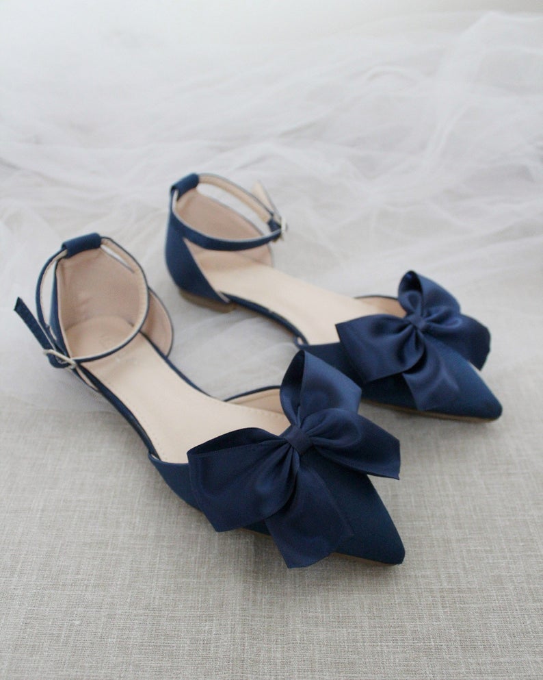 Navy Satin Pointy Toe Flats with FRONT SATIN BOW – Kailee P. Inc.
