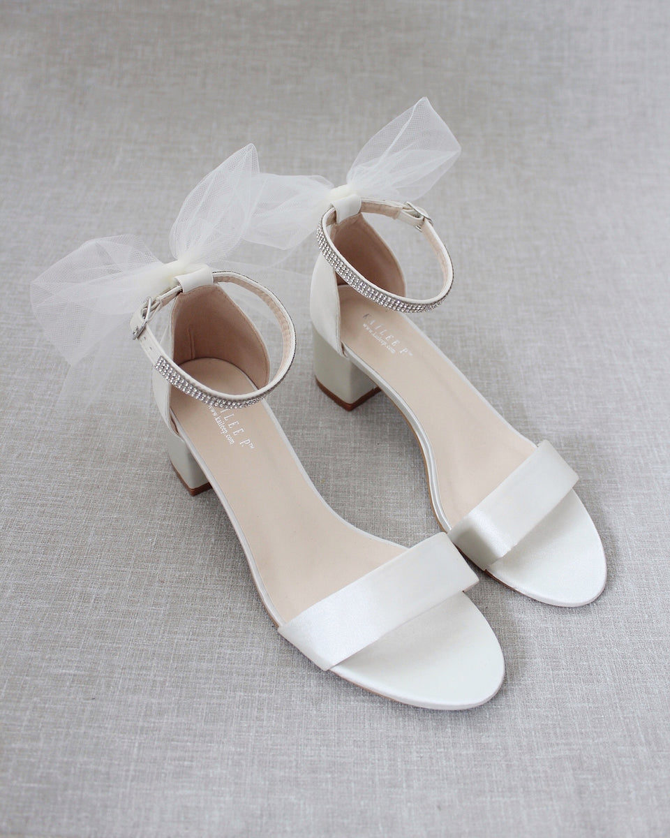 Ivory Satin Block Heel Sandals with TULLE BACK BOW – Kailee P. Inc.