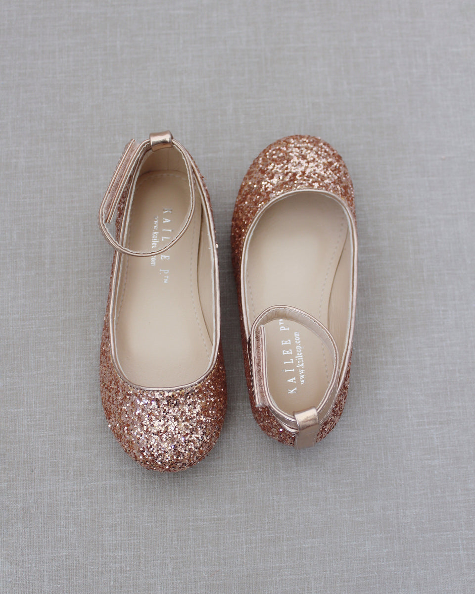 Rose Gold Rock Glitter Ballet Flats With Velcro Ankle Strap - Flower ...