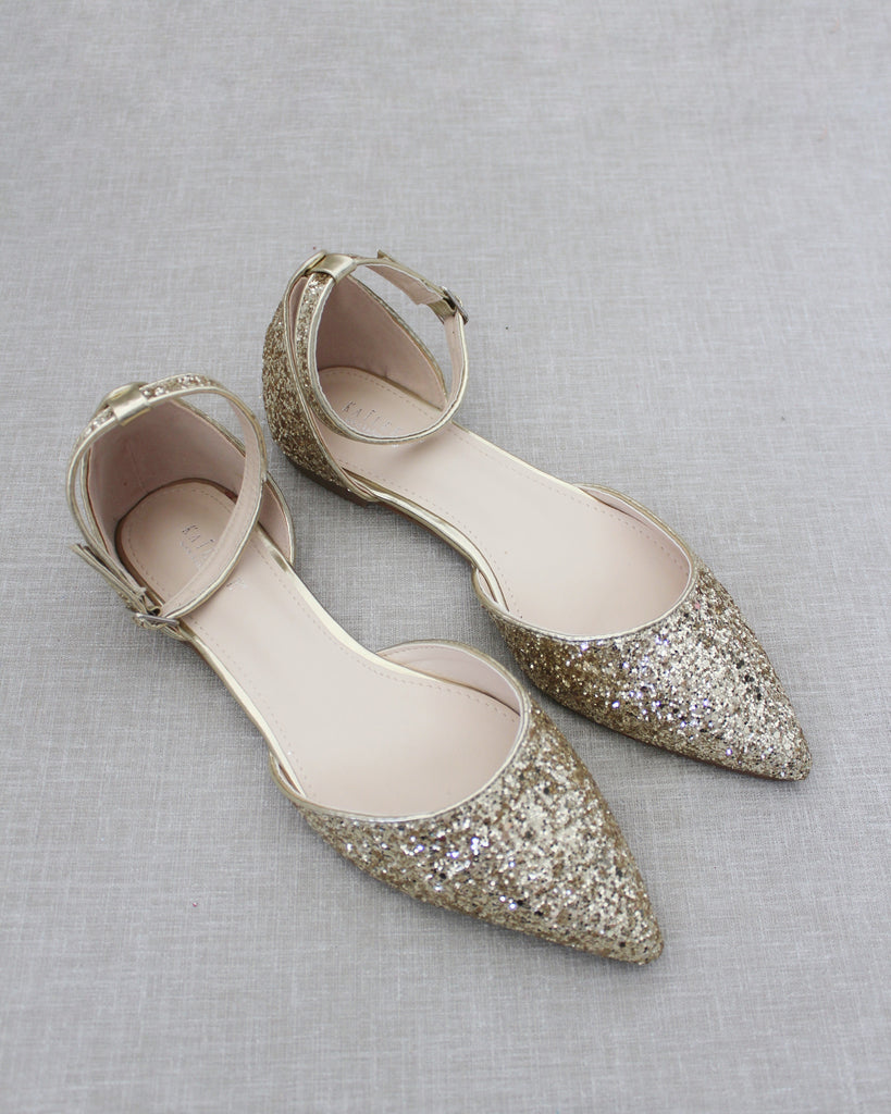 Gold Rock Glitter Ankle Strap Flats 